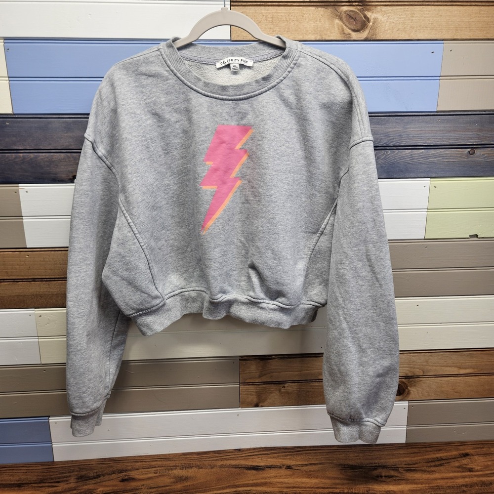 Celebrity Pink Juniors Cropped Sweatshirt Lightening Bolt Print Grey Size XXL